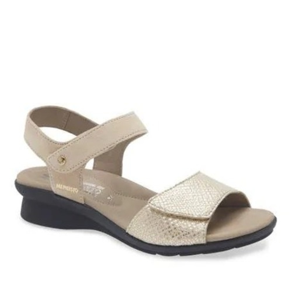 Mephisto Leather Metallic Snakeskin Ankle Strap Sandals Beige Gold Size 39